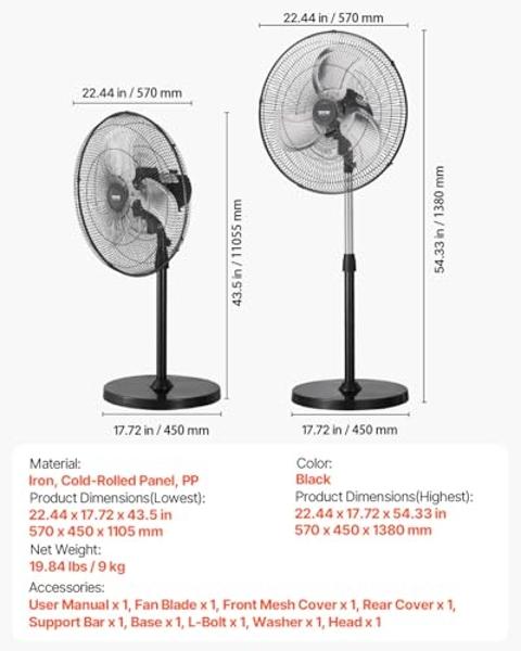 VEVOR Industrial Pedestal Fan, 20 Inch 90-Degree Oscillating Fan, Height Adjustable Standing Fans with 3 Adjustable Speeds, High Power Floor Fans for Bedroom, Living Room, Home, Of