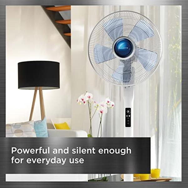 Rowenta, Pedestal Fan, Turbo Silence Standing Floor Fan with Remote, 53 Inches, Ultra Quiet Fan for Bedroom, Oscillating, Portable, 5 Speeds, Refresh Up to 23-Feet VU5870, White, I