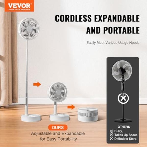 VEVOR 8 Inch Foldable Standing Fan with Remote, 4 Speeds, Portable, Quiet Desk Fan, 7200mah USB Rechargeable, Rotating Floor Fan for Bedroom/Office/Travel