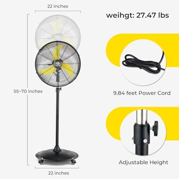 FUGOO 20'' Outdoor Quiet Oscillating Pedestal Fan With All Sealed Brushless DC Motor, 4-Speed Waterproof Outdoor Fan, Heavy Duty Industrial Floor Fans for House,Patios, Commercial,