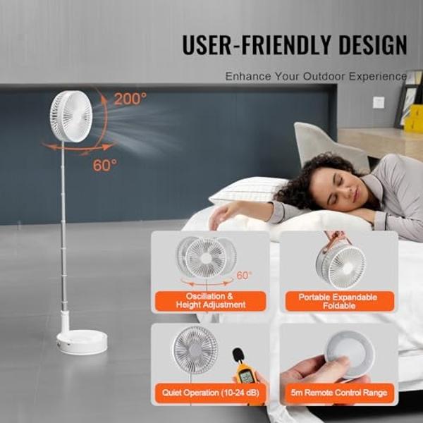 VEVOR 8 Inch Foldable Standing Fan with Remote, 4 Speeds, Portable, Quiet Desk Fan, 7200mah USB Rechargeable, Rotating Floor Fan for Bedroom/Office/Travel