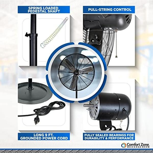 Comfort Zone Industrial Pedestal Fan, 30 inch, 3 Speed, High Velocity, Adjustable Height 56” to 76”, Metal, Meets OSHA Standards, Airflow 36 ft/sec, Ideal for Garage, Workshop or W