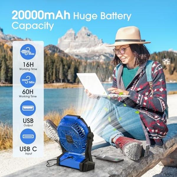 Portable Fan Rechargeable, Cordless Battery Powered Fan with LED Lantern 20000mAh, USB C Battery Operated for Travel Bedroom Home Camping Tent Office Beach Desk Picnic Barbecue Fis