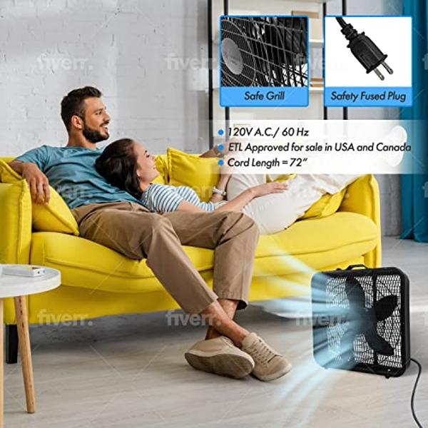 Comfort Zone Box Fan with Carry Handle, 20 inch, 3 Speed Full-Force Air Circulation with Air Conditioner, Floor Fan, Bedroom Fan, Airflow 15.03 ft/sec, Ideal for Home, Bedroom & Of