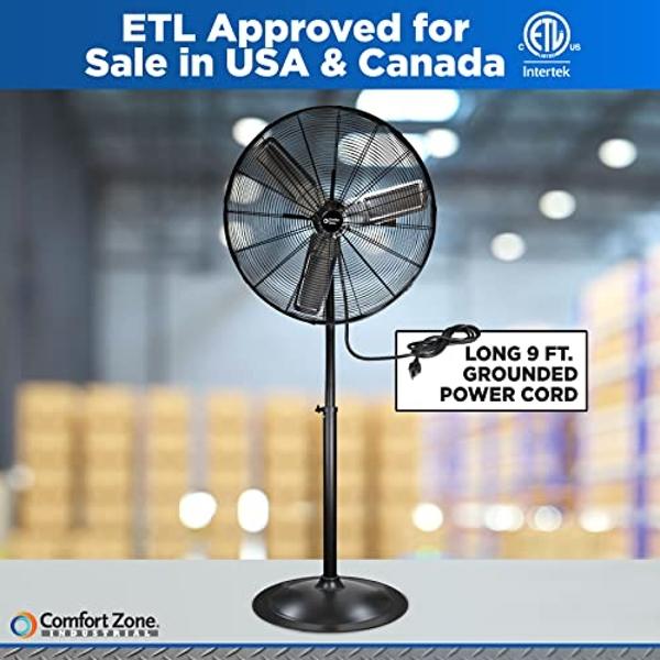 Comfort Zone Industrial Pedestal Fan, 30 inch, 3 Speed, High Velocity, Adjustable Height 56” to 76”, Metal, Meets OSHA Standards, Airflow 36 ft/sec, Ideal for Garage, Workshop or W
