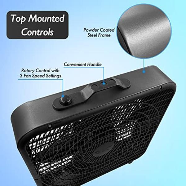Comfort Zone Box Fan with Carry Handle, 20 inch, 3 Speed Full-Force Air Circulation with Air Conditioner, Floor Fan, Bedroom Fan, Airflow 15.03 ft/sec, Ideal for Home, Bedroom & Of
