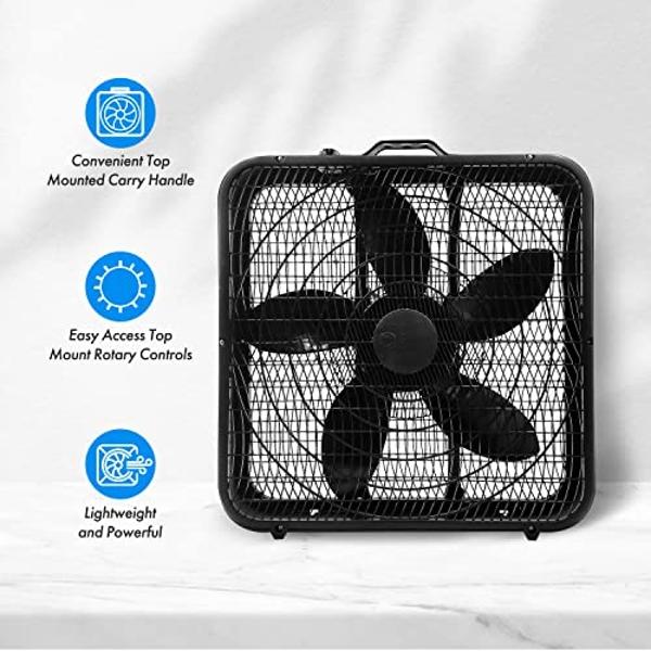 Comfort Zone Box Fan with Carry Handle, 20 inch, 3 Speed Full-Force Air Circulation with Air Conditioner, Floor Fan, Bedroom Fan, Airflow 15.03 ft/sec, Ideal for Home, Bedroom & Of