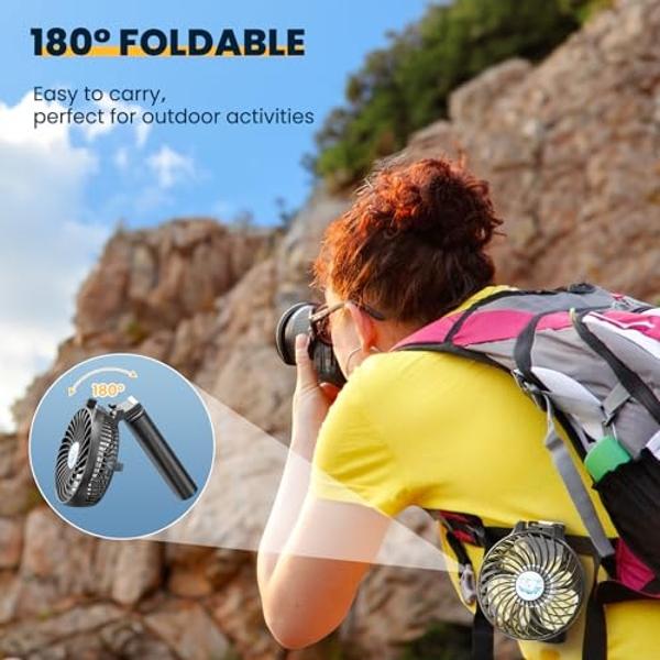 HandFan 5200mAh Portable Handheld Fan, Personal Hand Held Fan USB Rechargeable, 180° Foldable Portable & Detachable Handle Design,3 Speeds Strong Airflow Cooling for Travel/Outdoor