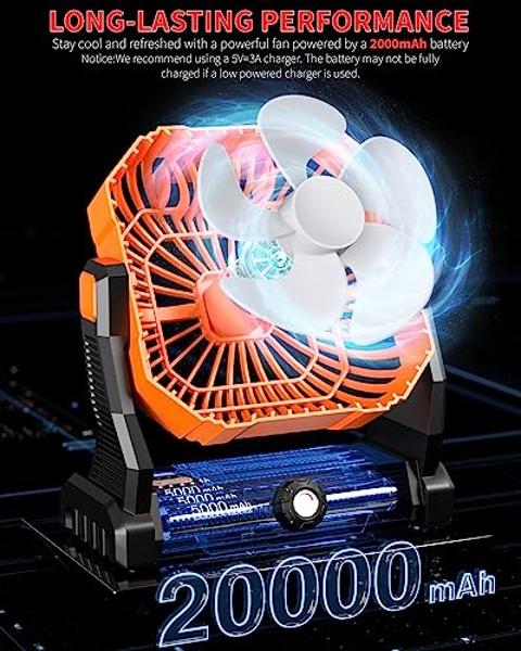 Portable Camping Fan,20000mAh Rechargeable Battery Powered Fan with LED Lantern, USB-C Battery Operated Fans,Ultra Quiet, for Outdoor Indoor Use,Travel, Tent, Beach, Picnic, Barbec