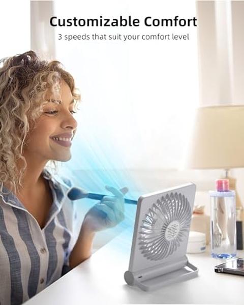 Koonie Portable Desk Fan, 3.5-20hrs Battery Operated Small USB Fan with Ultra Quiet 220° Tilt Folding, Rechargeable Personal Fan with 3 Speeds Strong Wind for Home Office Desktop, 