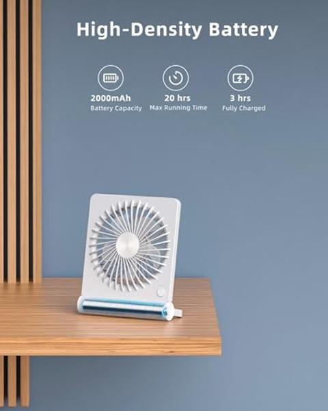Koonie Portable Desk Fan, 3.5-20hrs Battery Operated Small USB Fan with Ultra Quiet 220° Tilt Folding, Rechargeable Personal Fan with 3 Speeds Strong Wind for Home Office Desktop, 