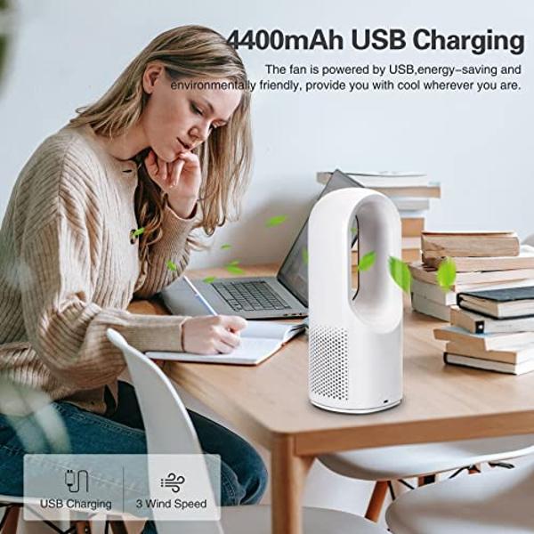 SISMEL Desk Fan, Small Quiet Bladeless Fan 11.8 Inch USB Table Fan, Portable Rechargeable Battery Operated Fan with Touch Control 3 Cooling Speeds, Personal Desktop Fan for Bedroom