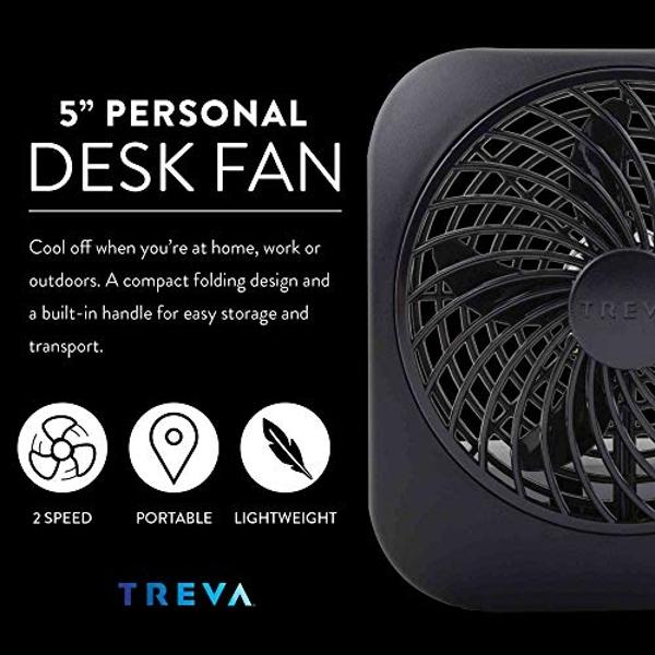 O2COOL Treva 5 Inch Battery Powered Fan Portable Desk Fan 2 Cooling Speeds with Compact Folding & Tilt Design Cubicle Accessories Small Portable 2 Pack (Black)