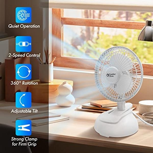 Comfort Zone Personal Clip or Desk Fan with Removable Base, Portable, Mini Bedroom Fan, 6 inch, 2 Speed, Strong Clamp, Firm Grip, Airflow 6.53 ft/sec, Ideal for Home, Bedroom, Dorm