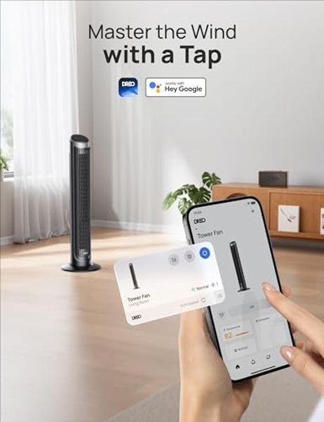Dreo Smart Tower Fan for Bedroom, 26ft/s High-Speed 40" Standing Fan, 5 Speeds 4 Modes, Quiet 90° Bladeless Oscillating Fan with Remote, 12H Timer, Touch Control, Work with Alexa, 