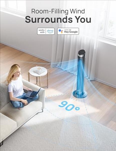 Dreo Smart Tower Fan for Bedroom, 26ft/s High-Speed 40" Standing Fan, 5 Speeds 4 Modes, Quiet 90° Bladeless Oscillating Fan with Remote, 12H Timer, Touch Control, Work with Alexa, 