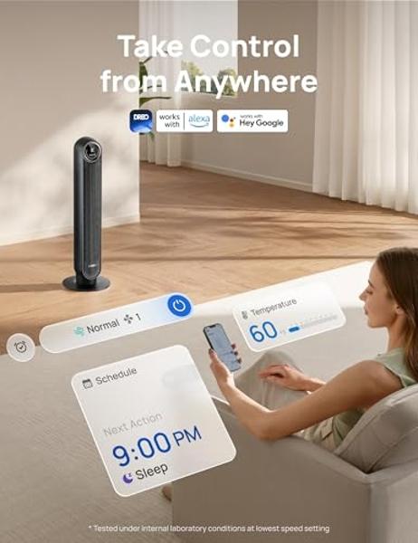 Dreo Tower Fan for Bedroom, Smart Oscillating Quiet Floor Fans, Standing Bladeless Fan with Remote and WiFi Voice Control, 4 Modes, 4 Speeds, 8H Timer, 28dB, Works with Alexa/Googl