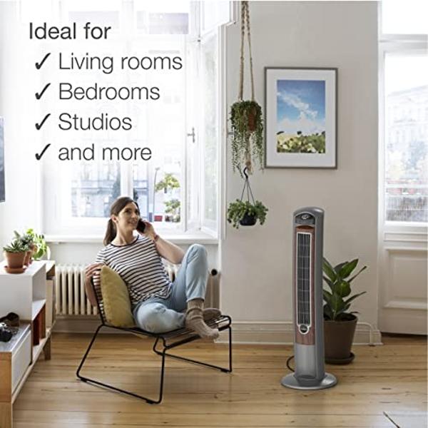 Lasko Wind Curve Oscillating Tower Fan, Fresh Air Ionizer, Timer, Remote Control, Portable Electric Fan for Indoor, Bedroom and Home Office Use, 42", Silverwood 2554