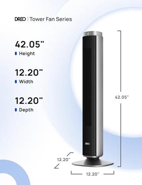 Dreo Smart Tower Fan for Bedroom, 26ft/s High-Speed 40" Standing Fan, 5 Speeds 4 Modes, Quiet 90° Bladeless Oscillating Fan with Remote, 12H Timer, Touch Control, Work with Alexa, 