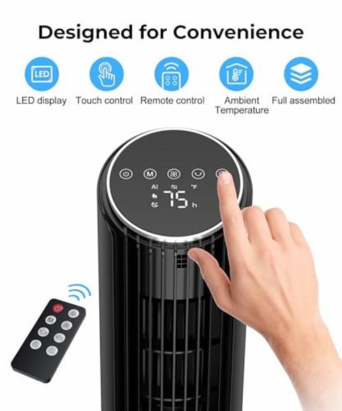 OmniBreeze Digital Electric Tower Fan, with Remote Control, LED Display, Standing Bladeless Floor Fans Cooling and Quite Indoor Living Room Bedroom use (36 Inch)…