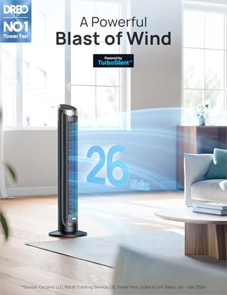 Dreo Smart Tower Fan for Bedroom, 26ft/s High-Speed 40" Standing Fan, 5 Speeds 4 Modes, Quiet 90° Bladeless Oscillating Fan with Remote, 12H Timer, Touch Control, Work with Alexa, 