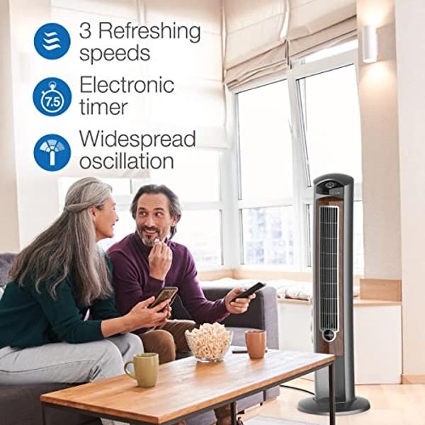 Lasko Wind Curve Oscillating Tower Fan, Fresh Air Ionizer, Timer, Remote Control, Portable Electric Fan for Indoor, Bedroom and Home Office Use, 42", Silverwood 2554