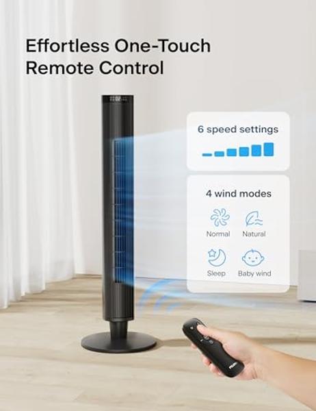 PELONIS 42-Inch Tower Fan for Bedroom – Oscillating Tower Fan with Remote Control – Indoor Quiet Fan with 6 Speeds, 4 Modes and 24-Hour Timer – ETL Certified