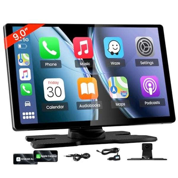 TECXERLLON 9.0'' Wireless Carplay Screen for Car, Portable Car Stereo with Apple Carplay & Android Auto, Car Audio Receivers with GPS Navigation, Mirror Link, Screen for All Vehicl