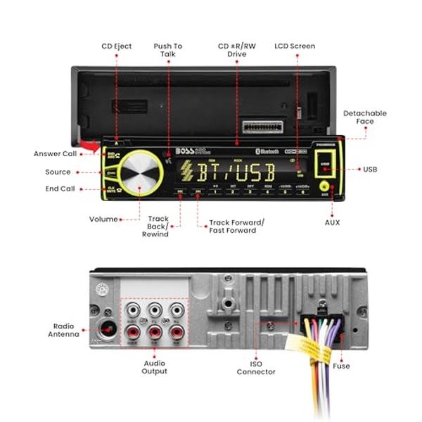 BOSS Audio Systems 750BRGB Car Stereo - Single Din, Bluetooth, CD DVD Player, AM/FM Radio Receiver, USB, AUX Input, Multi Color Illumination