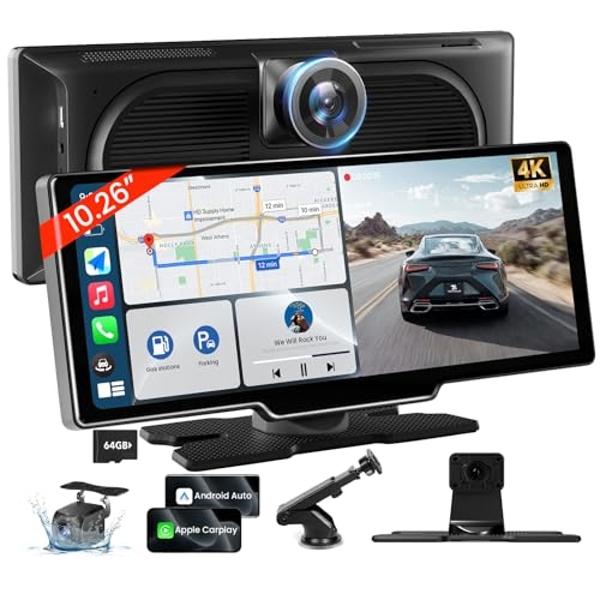 TECXERLLON 10.26'' Wireless Carplay Screen for Car with 4K Dash Cam & 1080P Backup Camera, Portable Car Audio Receivers with Carplay & Android Auto, GPS Navigation, Airplay, Mirror