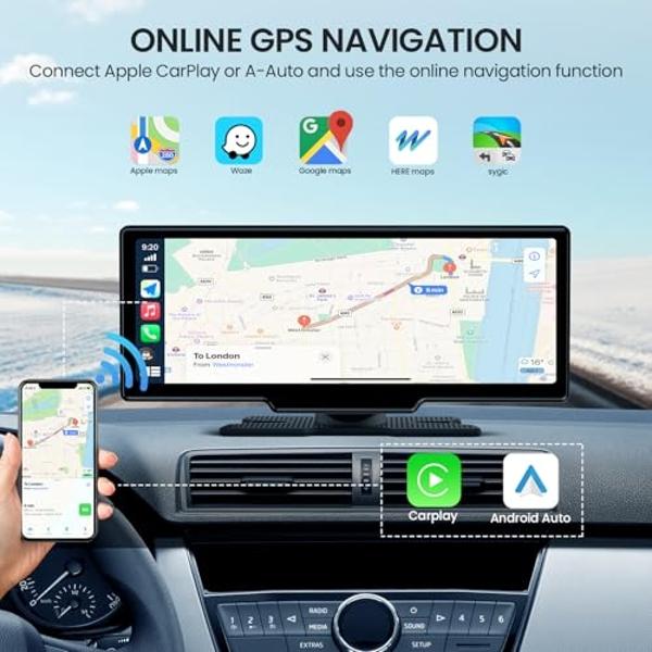 TECXERLLON 10.26'' Wireless Carplay Screen for Car with 4K Dash Cam & 1080P Backup Camera, Portable Car Audio Receivers with Carplay & Android Auto, GPS Navigation, Airplay, Mirror