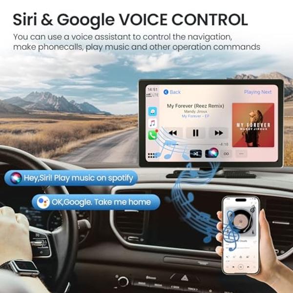 TECXERLLON 9.0'' Wireless Carplay Screen for Car, Portable Car Stereo with Apple Carplay & Android Auto, Car Audio Receivers with GPS Navigation, Mirror Link, Screen for All Vehicl