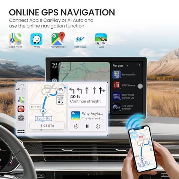 TECXERLLON 9.0'' Wireless Carplay Screen for Car, Portable Car Stereo with Apple Carplay & Android Auto, Car Audio Receivers with GPS Navigation, Mirror Link, Screen for All Vehicl