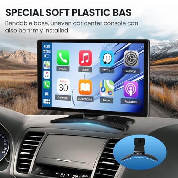 TECXERLLON 9.0'' Wireless Carplay Screen for Car, Portable Car Stereo with Apple Carplay & Android Auto, Car Audio Receivers with GPS Navigation, Mirror Link, Screen for All Vehicl