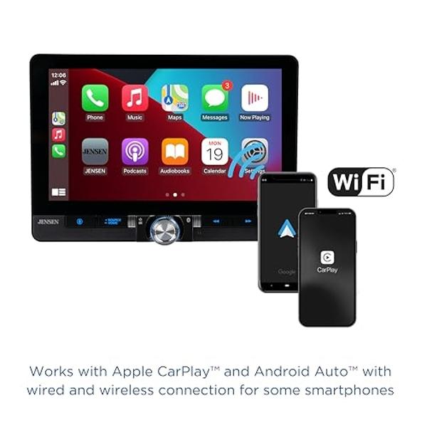 JENSEN J1CA10FL 10.1-inch Certified Apple CarPlay Android Auto Wired or Wireless | Single DIN & Double DIN Touchscreen Car Stereo Radio | Bluetooth | Front & Rear Camera Inputs | U