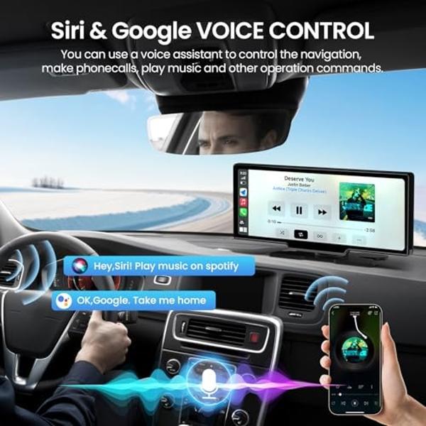 TECXERLLON 10.26'' Wireless Carplay Screen for Car with 4K Dash Cam & 1080P Backup Camera, Portable Car Audio Receivers with Carplay & Android Auto, GPS Navigation, Airplay, Mirror