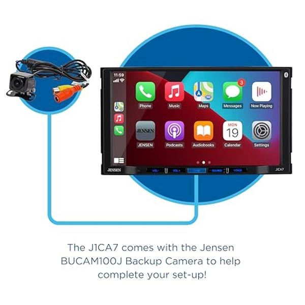 JENSEN J1CA7-BUC 7-inch Certified Apple CarPlay Android Auto | Double DIN Touchscreen Car Stereo Radio | Bluetooth Hands Free Calling & Music Streaming | Backup Camera Included | U