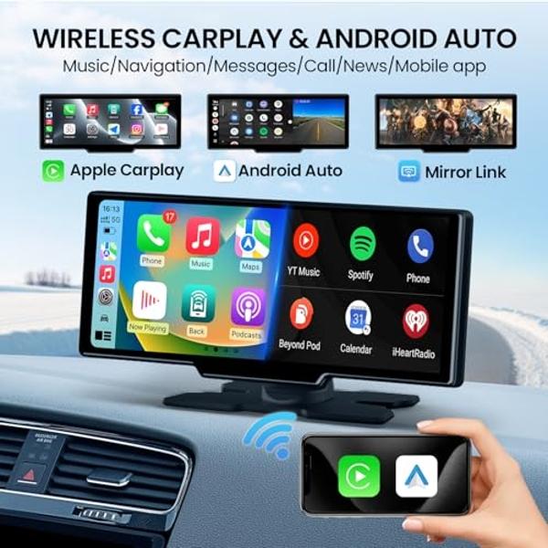 TECXERLLON 10.26'' Wireless Carplay Screen for Car with 4K Dash Cam & 1080P Backup Camera, Portable Car Audio Receivers with Carplay & Android Auto, GPS Navigation, Airplay, Mirror