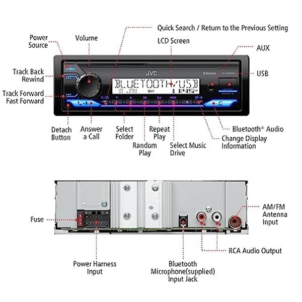 JVC KD-SX38MBT Car Stereo with Bluetooth, 4-Ch Marine Radio Receiver, AM/FM Single Din Radio, Aux-in, USB, Streaming, RGB Illumination, Use as in-Dash ATV, Truck Radio or Boat Ster