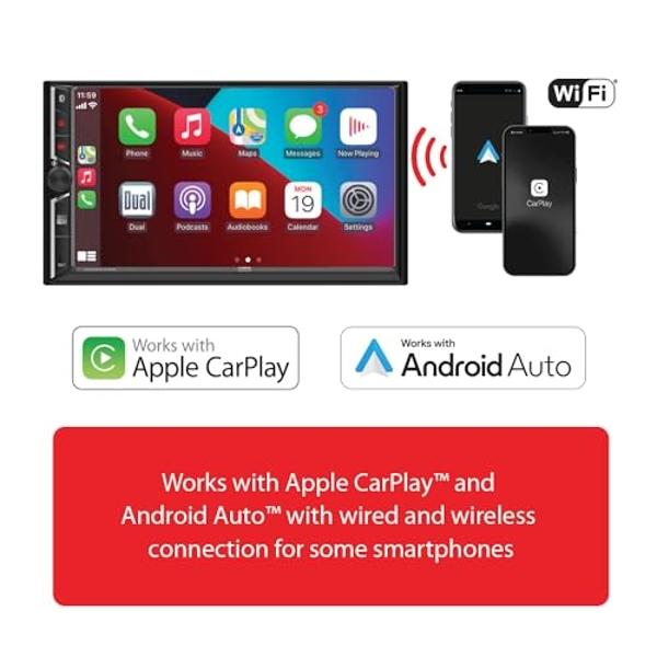 Dual Electronics DCA73W 7-inch Certified Apple CarPlay Android Auto Wired or Wireless | Double DIN Touchscreen Car Stereo Radio | Bluetooth | Backup Camera Input | USB Playback & C