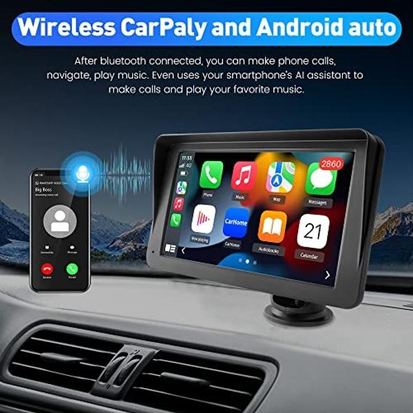 Portable Car Stereo Wireless Apple CarPlay Android Auto, 7 Inch Touchscreen Car Radio Multimedia Player Support Bluetooth Hand Free Calling Online GPS FM Audio Mirror Link