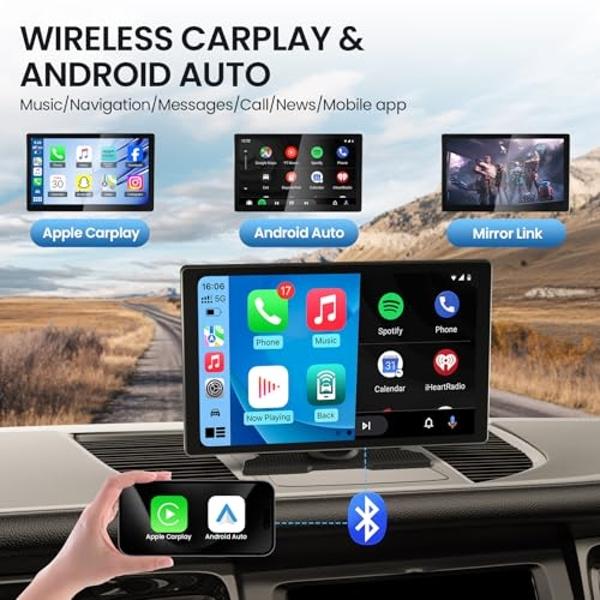 TECXERLLON 9.0'' Wireless Carplay Screen for Car, Portable Car Stereo with Apple Carplay & Android Auto, Car Audio Receivers with GPS Navigation, Mirror Link, Screen for All Vehicl