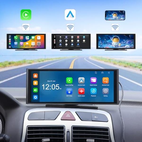 Eonon 10.26 Inch Wireless Apple CarPlay Screen Portable Car Stereo Receiver, Android Auto Touch Screen Car Radio with Bluetooth, FM/AM, Mirror Link, GPS Navigation, 4K Front Cam, 1