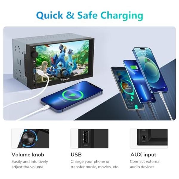 Eonon Android 13 Double Din Car Stereo 7 Inch Apple CarPlay Radio Android Auto Touch Screen, Bluetooth, Fast Charge, AM/FM, SWC, 1080P Backup Camera Input - UA13