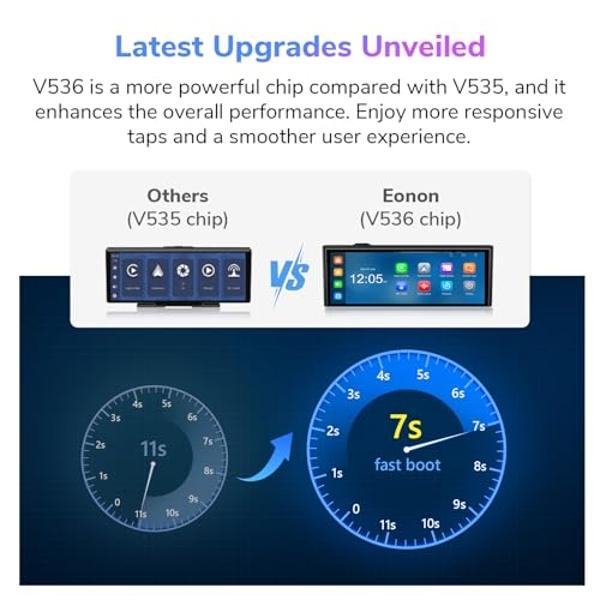Eonon 10.26 Inch Wireless Apple CarPlay Screen Portable Car Stereo Receiver, Android Auto Touch Screen Car Radio with Bluetooth, FM/AM, Mirror Link, GPS Navigation, 4K Front Cam, 1