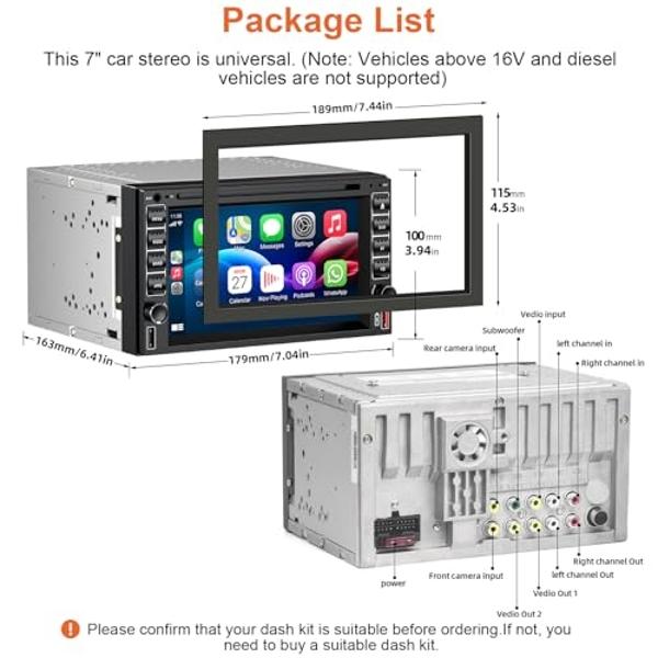 Double Din Car Stereo Radio With CD/DVD Player, Voice Control Carplay & Android Auto, 7 inch Car Audio With HD Touchscreen, Bluetooth, Mirror Link, Backup Camera, SWC, FM/AM, USB/S
