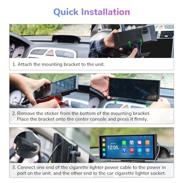 Eonon 10.26 Inch Wireless Apple CarPlay Screen Portable Car Stereo Receiver, Android Auto Touch Screen Car Radio with Bluetooth, FM/AM, Mirror Link, GPS Navigation, 4K Front Cam, 1