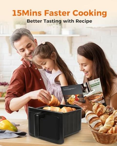 Bear Air Fryer, All Metal 8 in 1 Airfryer Timer Temp Adjustable Fast Family Meals with Cookbook, 6.4Qt Large Visible Window Roast Bake Crisp Reheat Frozen Fries Steak, Non-Stick Ba