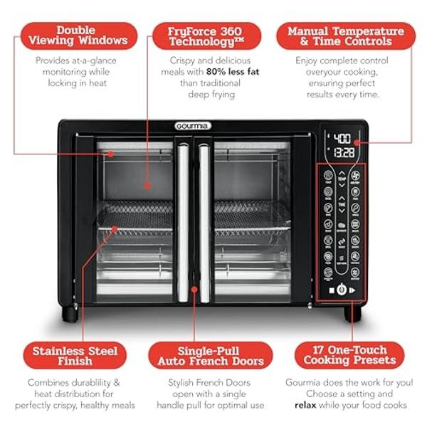 Gourmia Toaster Oven Air Fryer Combo 17 cooking presets 1700W french door digital air fryer oven 24L capacity accessories, convection rack, baking pan tray recipe book GTF7460,Larg