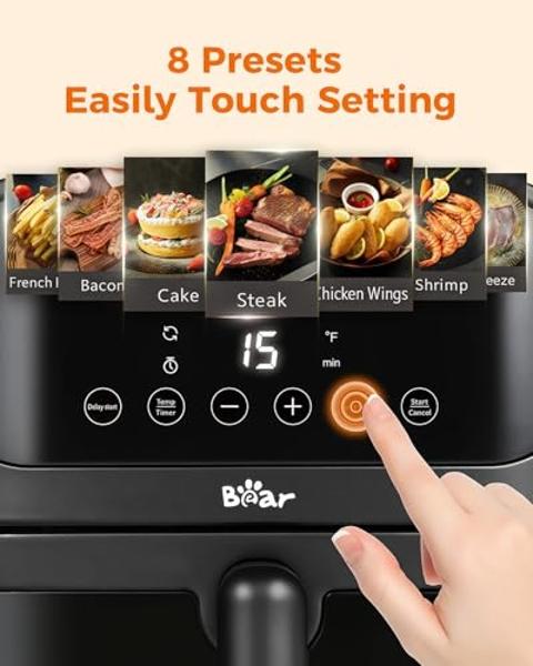 Bear Air Fryer, All Metal 8 in 1 Airfryer Timer Temp Adjustable Fast Family Meals with Cookbook, 6.4Qt Large Visible Window Roast Bake Crisp Reheat Frozen Fries Steak, Non-Stick Ba